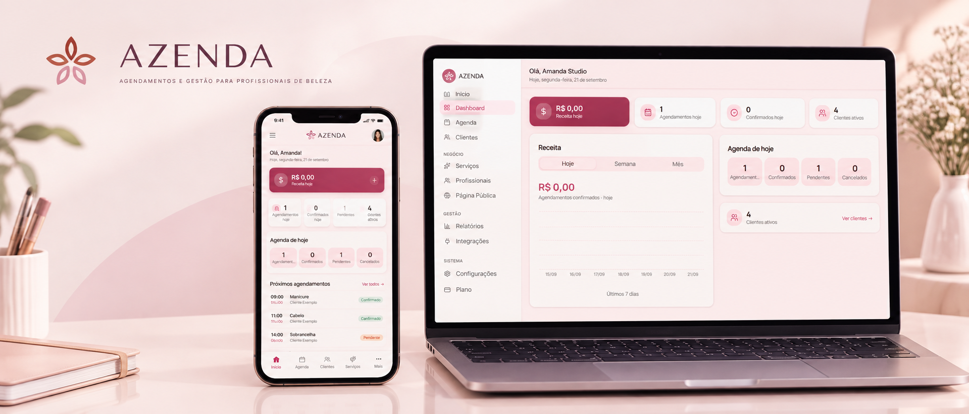 AZENDA aberto em notebook e celular, mostrando agenda e gestão do negócio