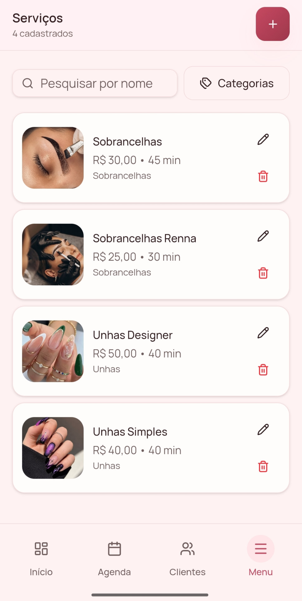 Tela do AZENDA: Serviços