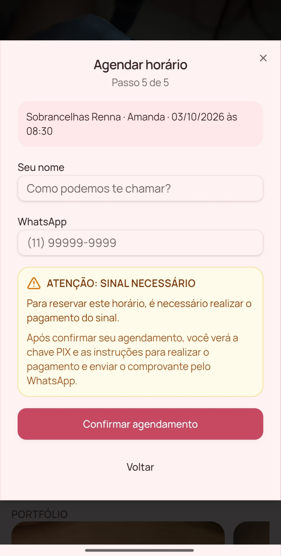 Etapa passo 5 do agendamento: Informar nome e WhatsApp